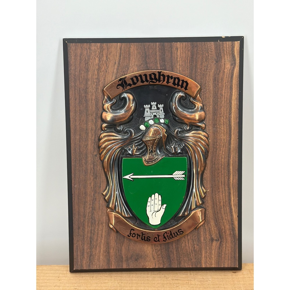 Vintage Loughran Family Coat of Arms Plaque Irish Heraldry Fortis et Fidus 12"